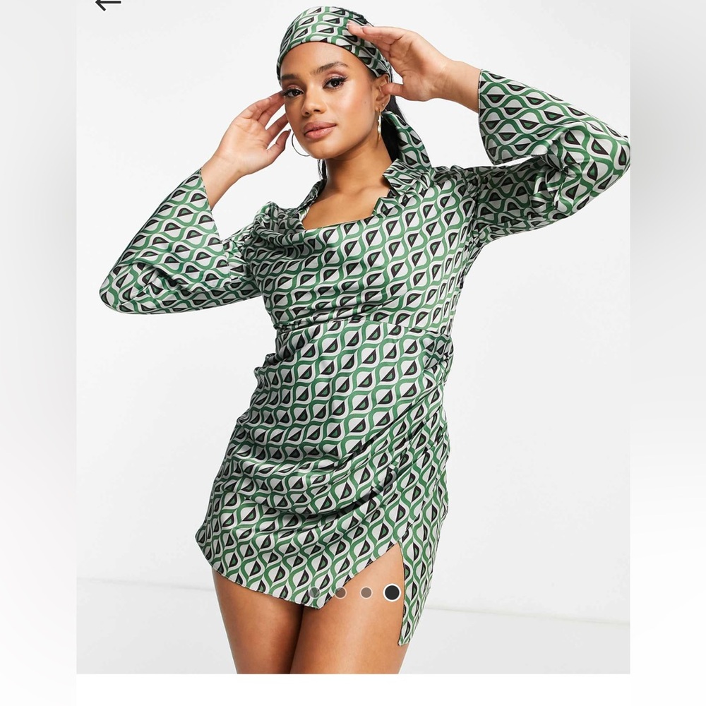 Green Geo Print Collared Cowl Neck Mini Dress